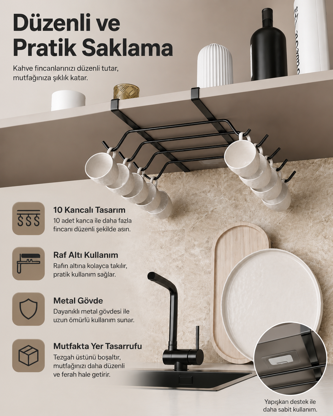 10 kancalı siyah metal raf altı kupa askısı düzenli ve pratik saklama