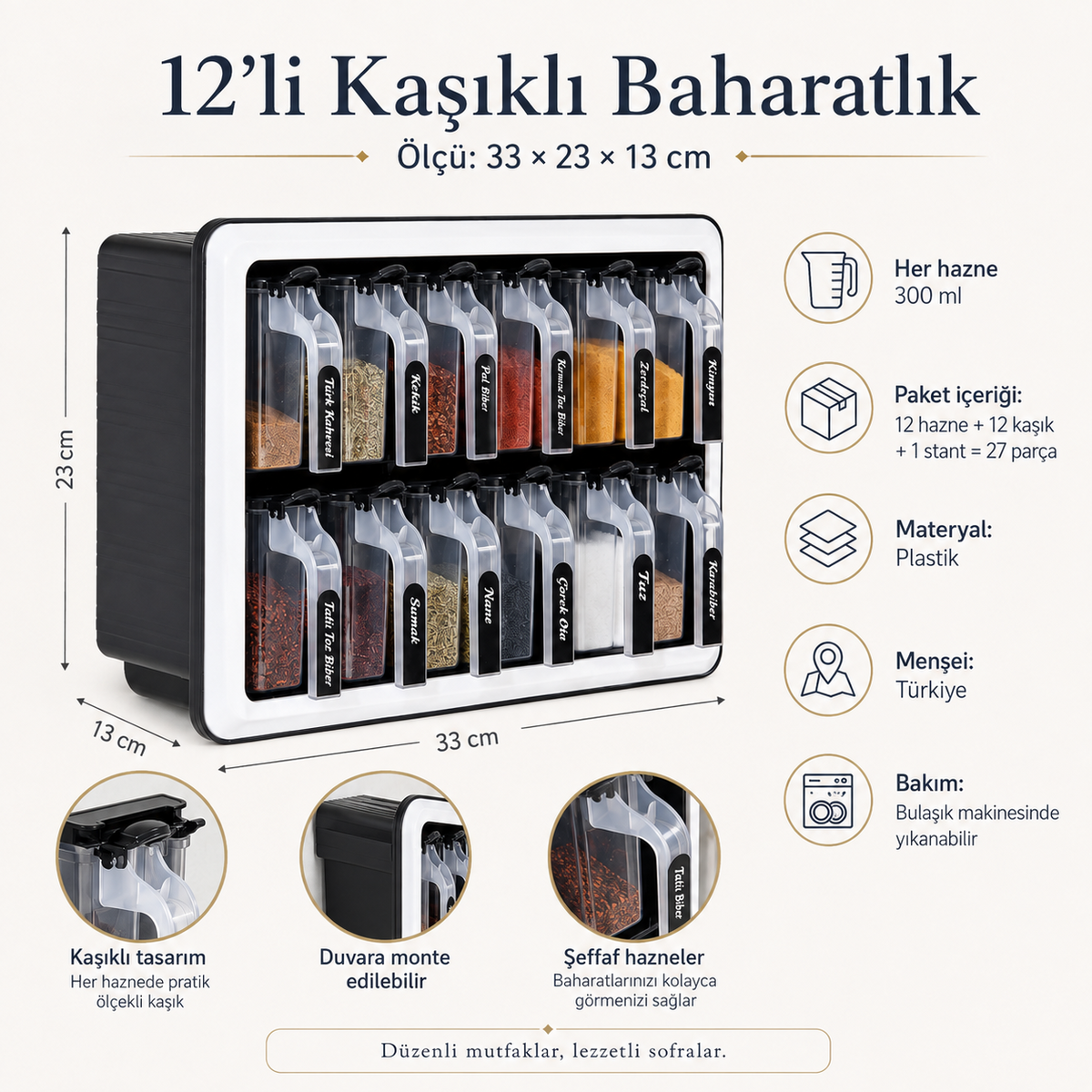 12'li kaşıklı baharatlık seti 33 x 23 x 13 cm teknik ölçüler ve ürün özellikleri