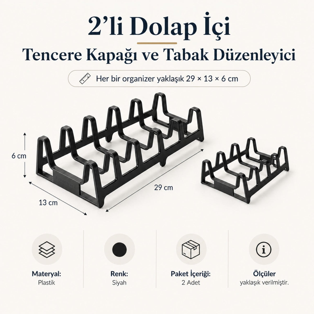 2'li dolap içi tencere kapağı ve tabak düzenleyici yaklaşık ölçüleri