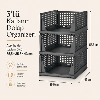 3'lü antrasit katlanır dolap organizeri üst üste açık halde 55,5 x 35,5 x 43 cm toplam ölçüler
