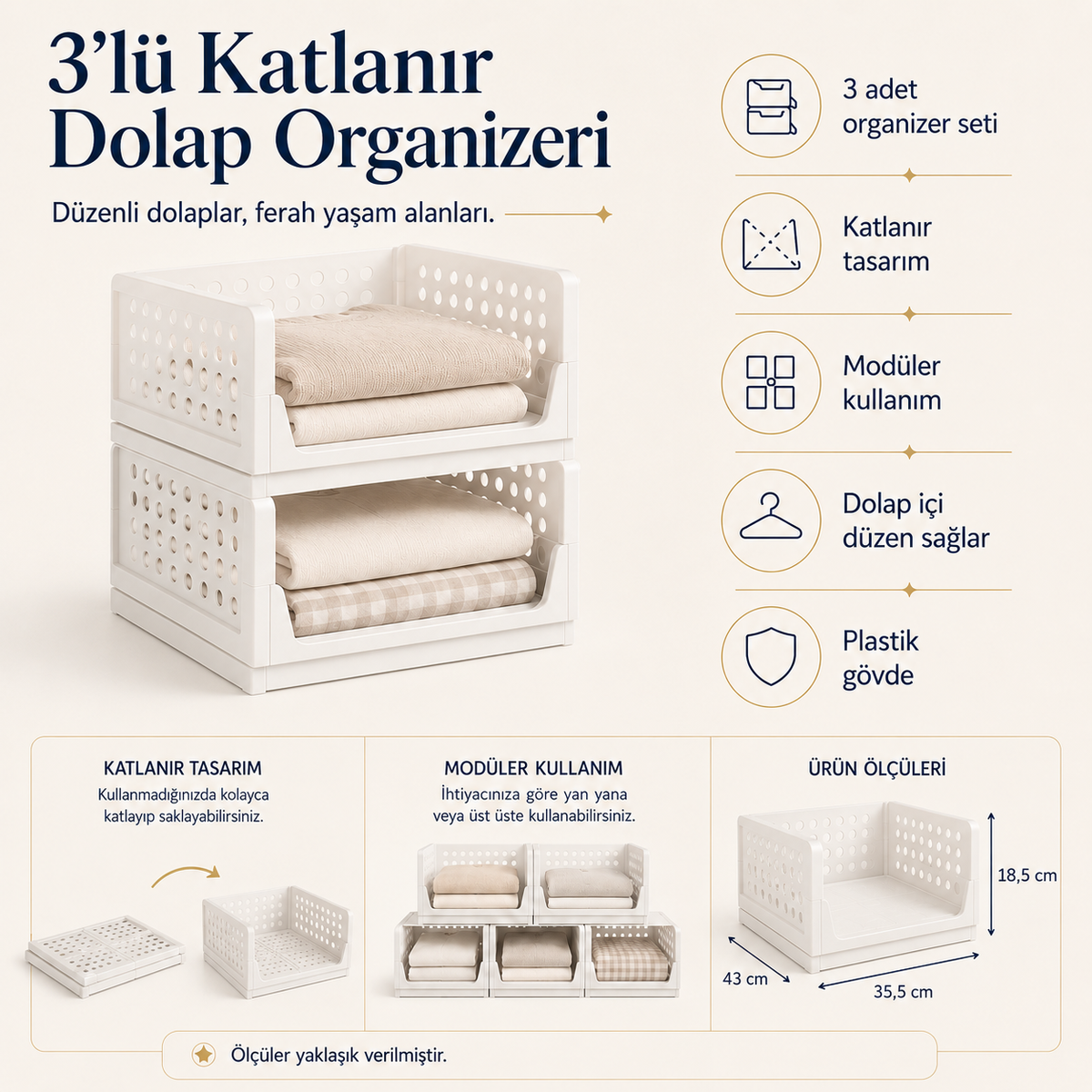 3'lü katlanır dolap içi organizer beyaz özellikler ve tek modül 18,5 x 35,5 x 43 cm ölçüleri