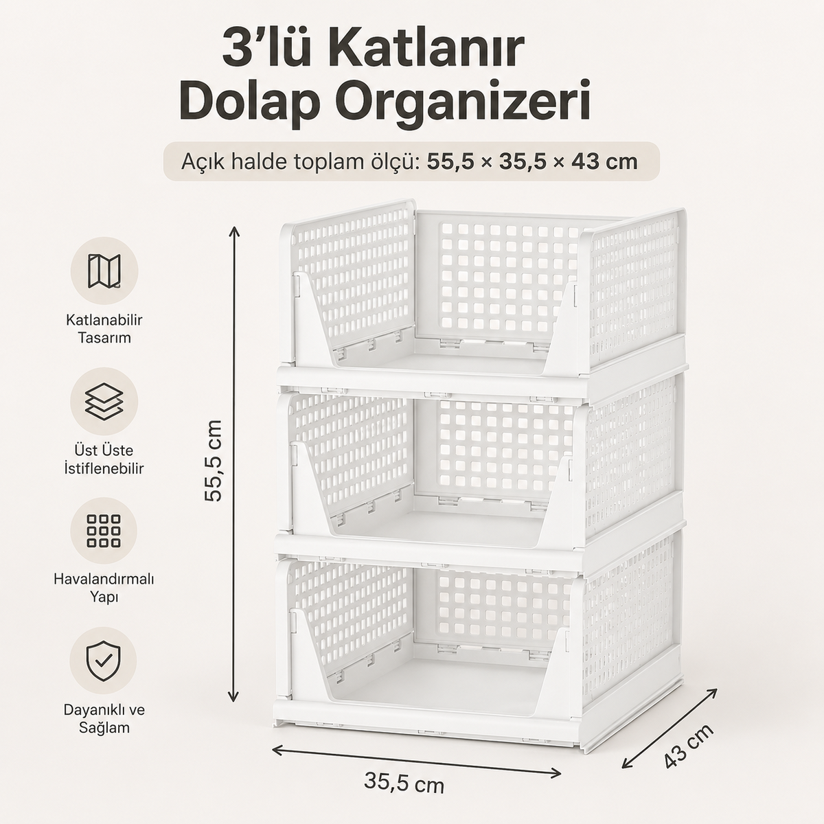 3'lü beyaz katlanır dolap organizeri üst üste açık halde 55,5 x 35,5 x 43 cm toplam ölçüler