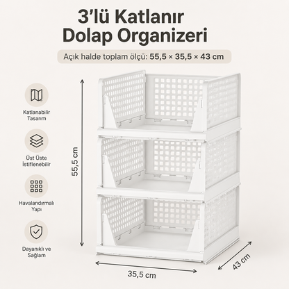 3'lü beyaz katlanır dolap organizeri üst üste açık halde 55,5 x 35,5 x 43 cm toplam ölçüler