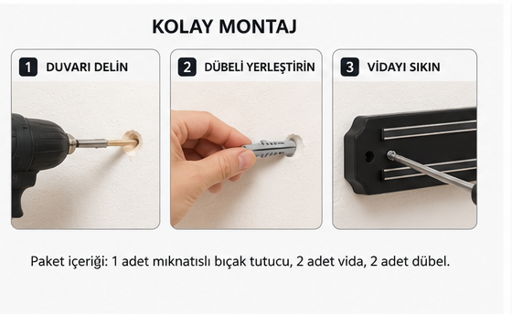 49 cm mıknatıslı bıçak ve alet tutucu - kolay montaj adımları