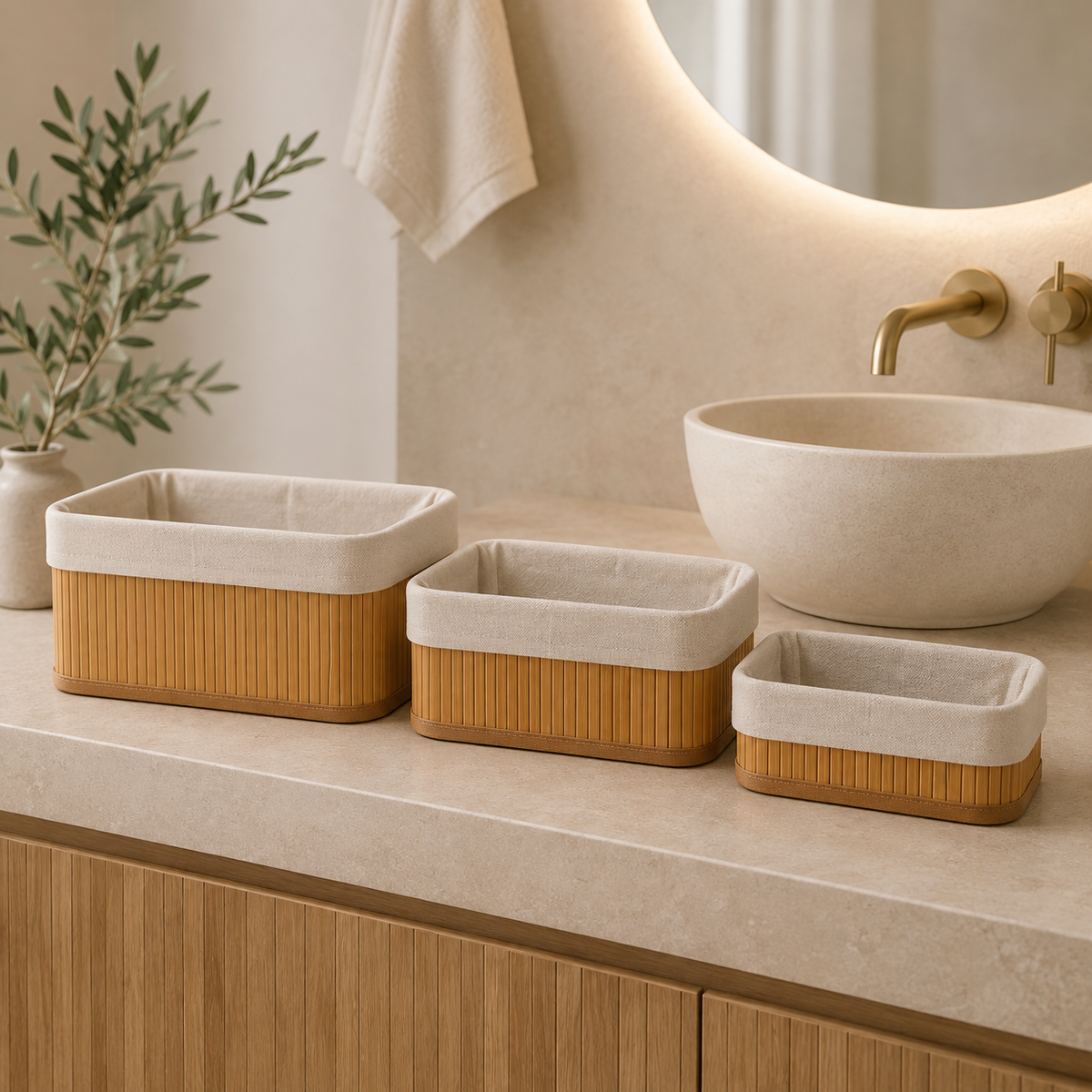 3'lü bambu organizer sepet seti modern banyoda üç farklı boy