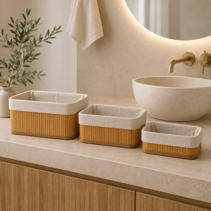 3'lü bambu organizer sepet seti modern banyoda üç farklı boy
