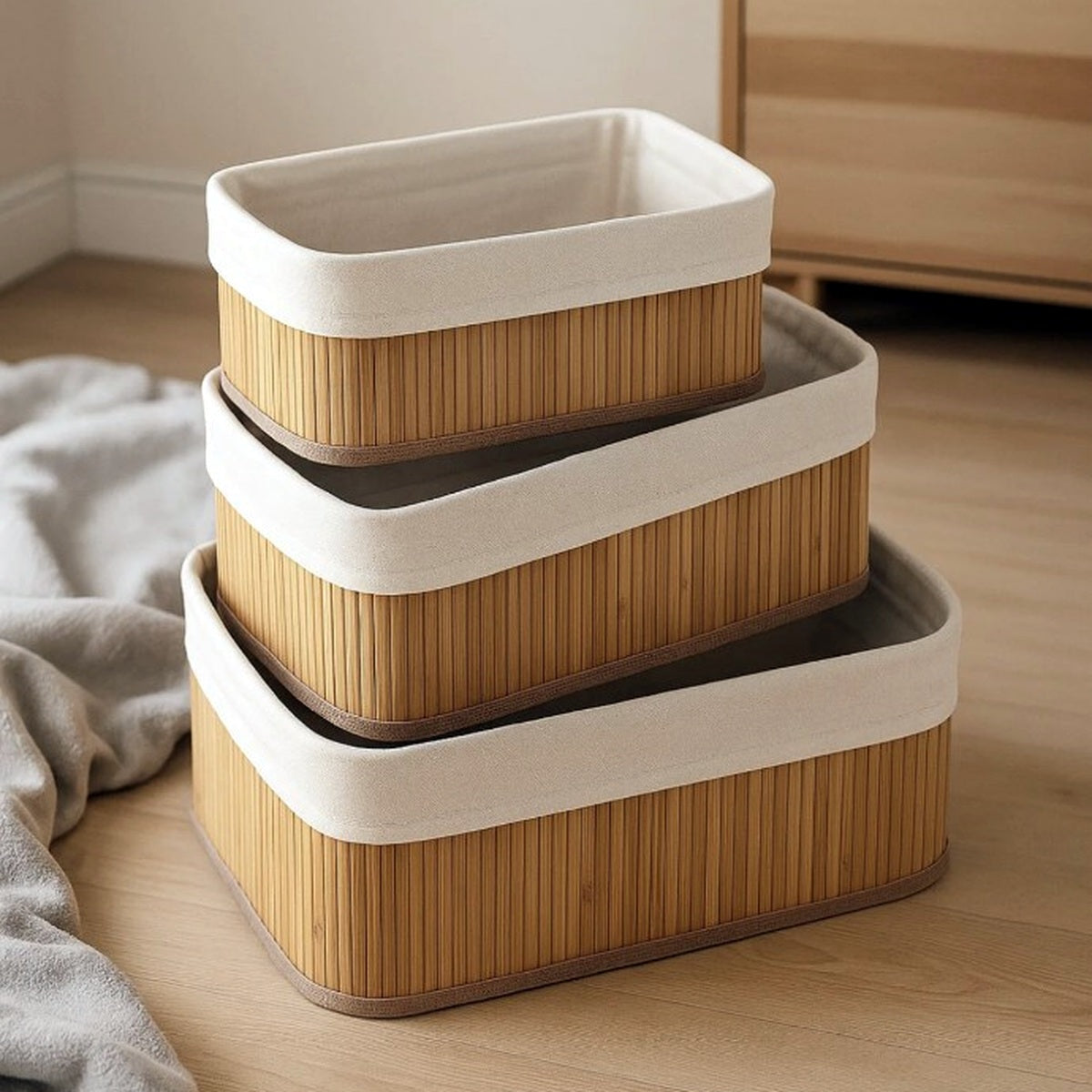 Bambu organizer sepet seti kumaş iç yüzey ve bambu dış yüzey yakın görünüm