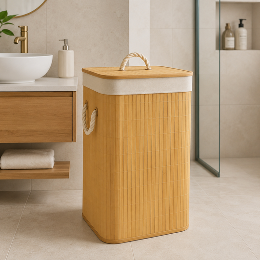 Kapaklı katlanabilir bambu çamaşır sepeti modern banyoda kapalı kullanım
