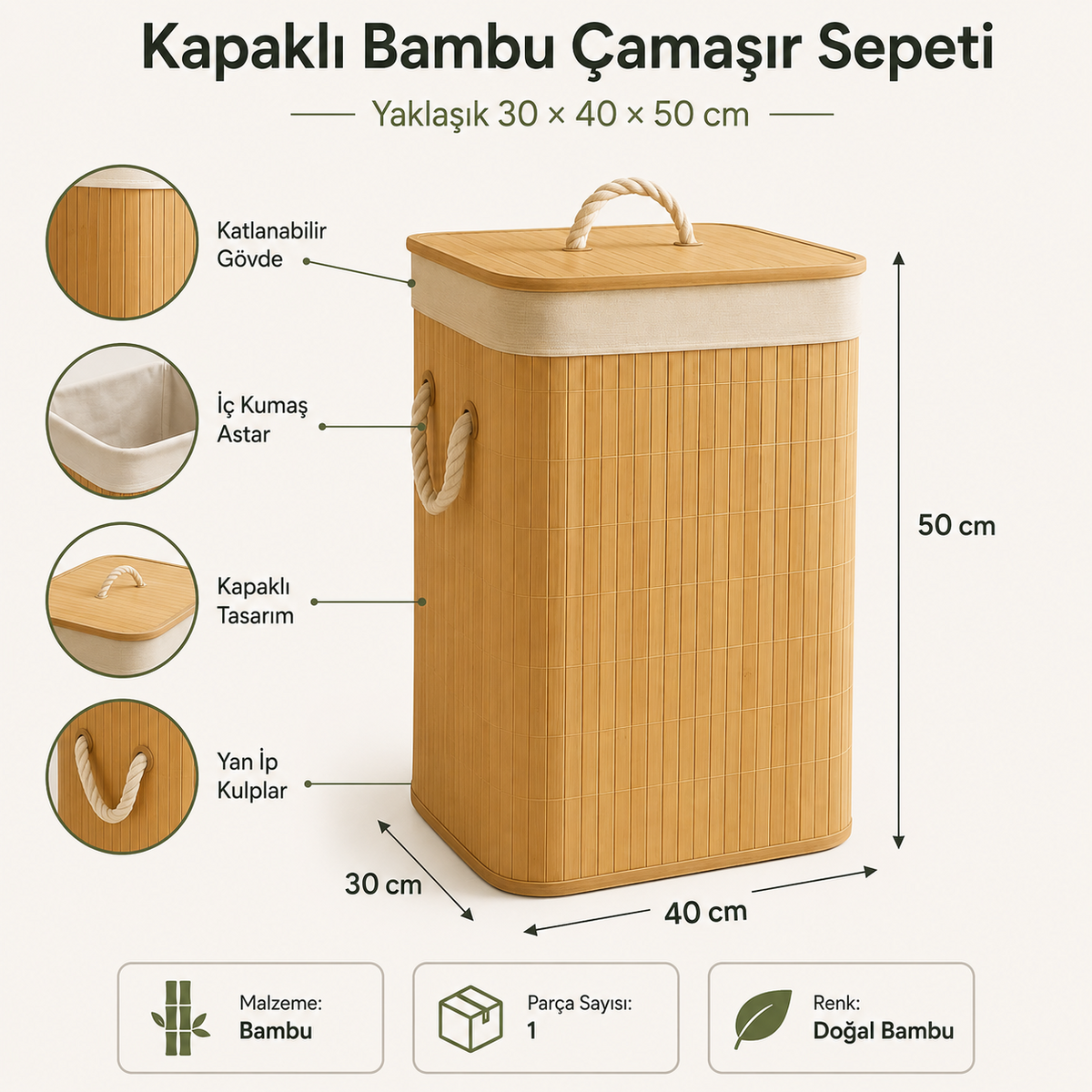 Bambu çamaşır sepeti yaklaşık 30 x 40 x 50 cm ölçü ve özellik infografiği