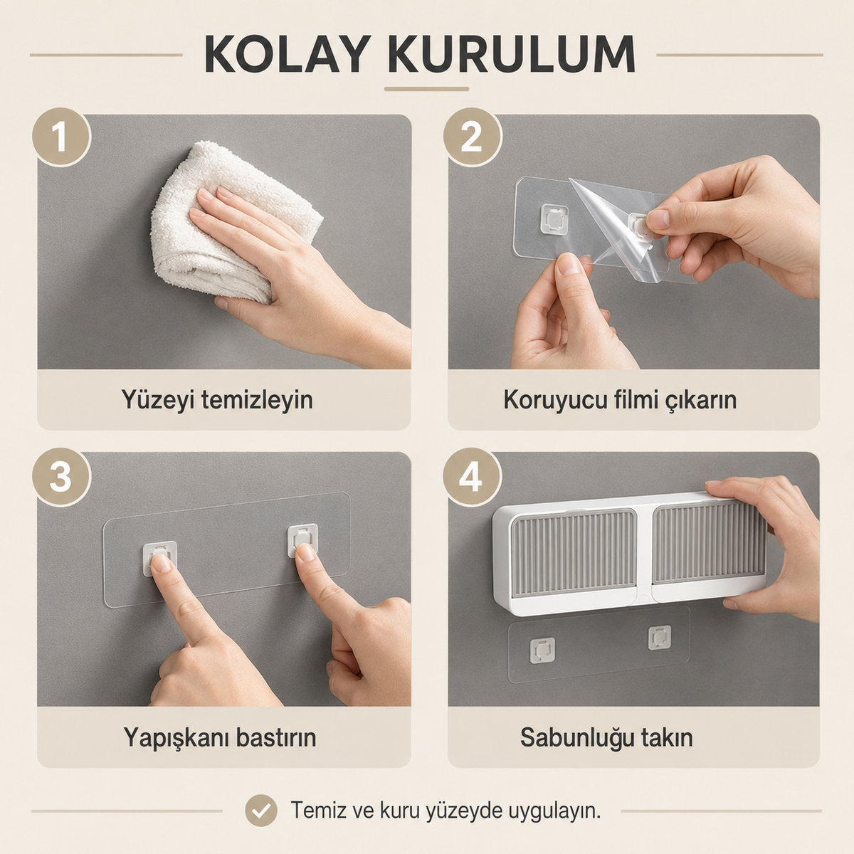 Çift bölmeli kapaklı sabunluk dört adım yapışkanlı montaj