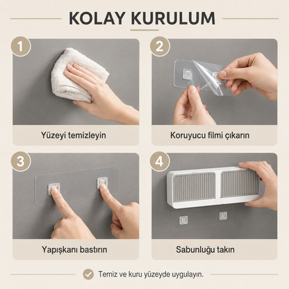 Çift bölmeli kapaklı sabunluk dört adım yapışkanlı montaj