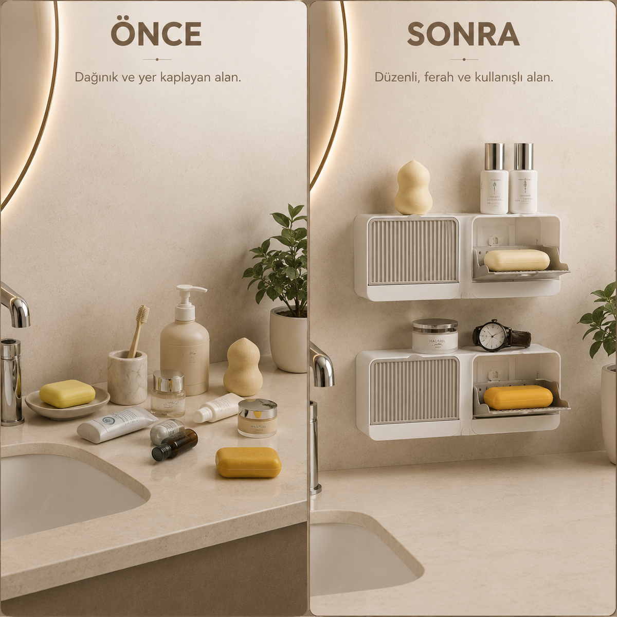 Çift bölmeli kapaklı sabunluk önce ve sonra banyo düzeni