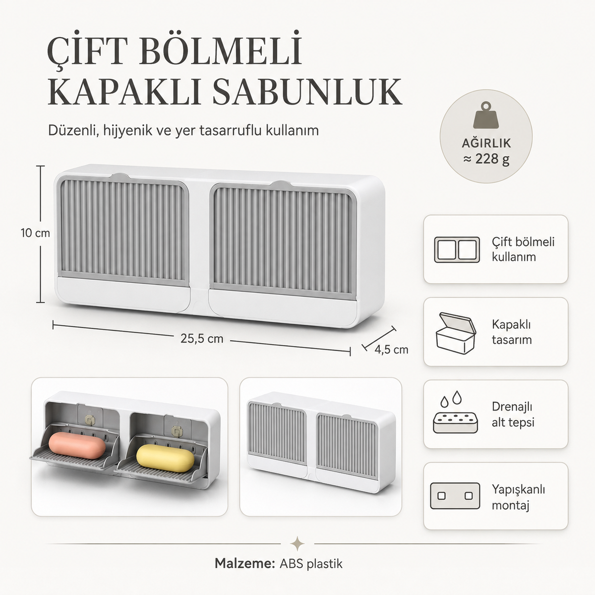 Çift bölmeli kapaklı sabunluk teknik ölçüler 25,5 x 10 x 4,5 cm