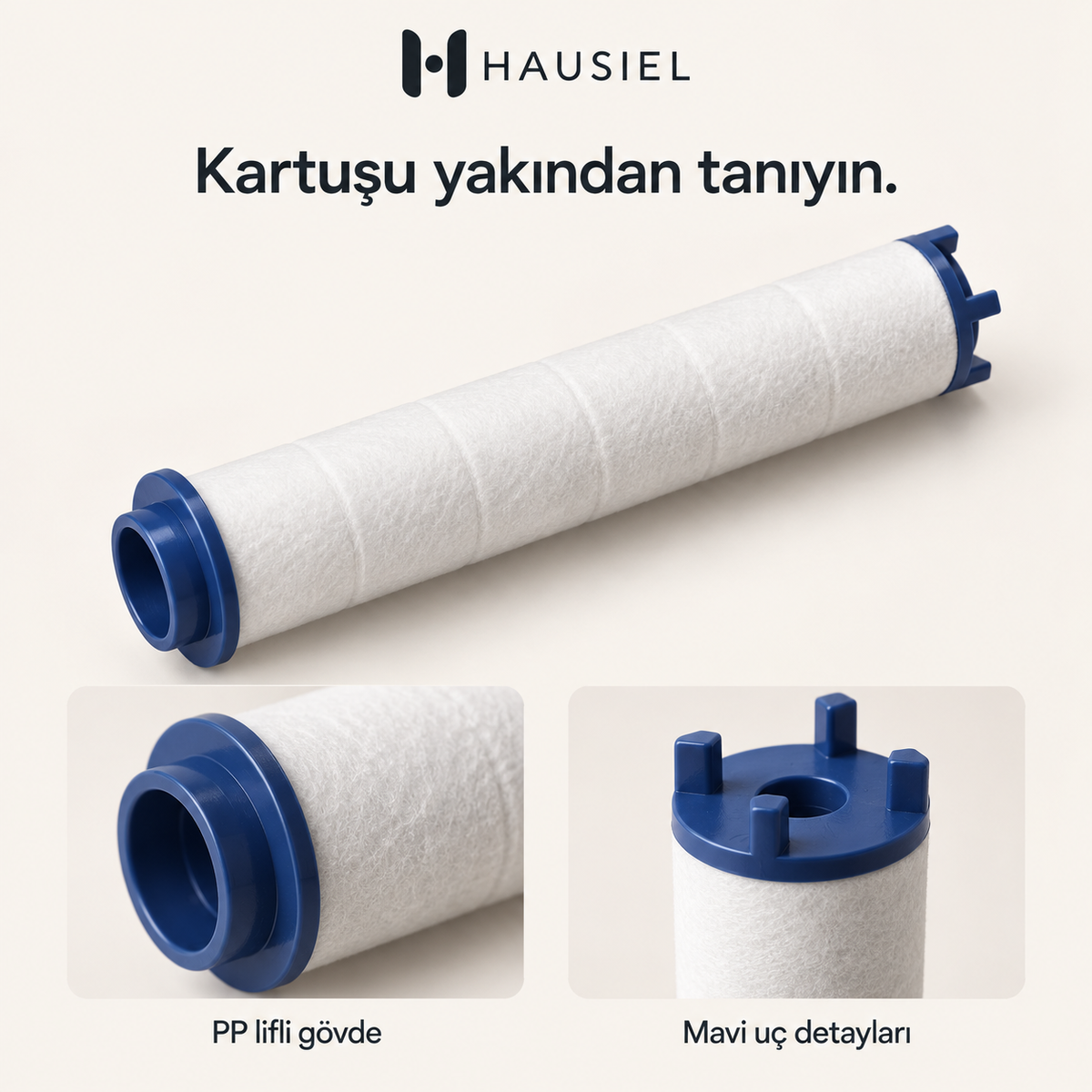 HAUSIEL PP filtre kartuşu yakın plan: PP lifli gövde ve mavi uç detayları