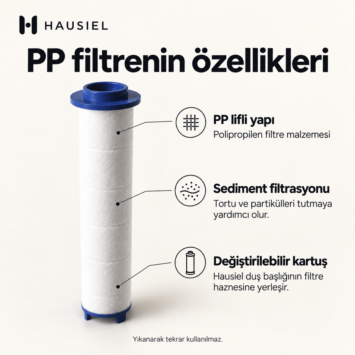 HAUSIEL PP filtrenin özellikleri: PP lifli yapı, sediment filtrasyonu, değiştirilebilir kartuş