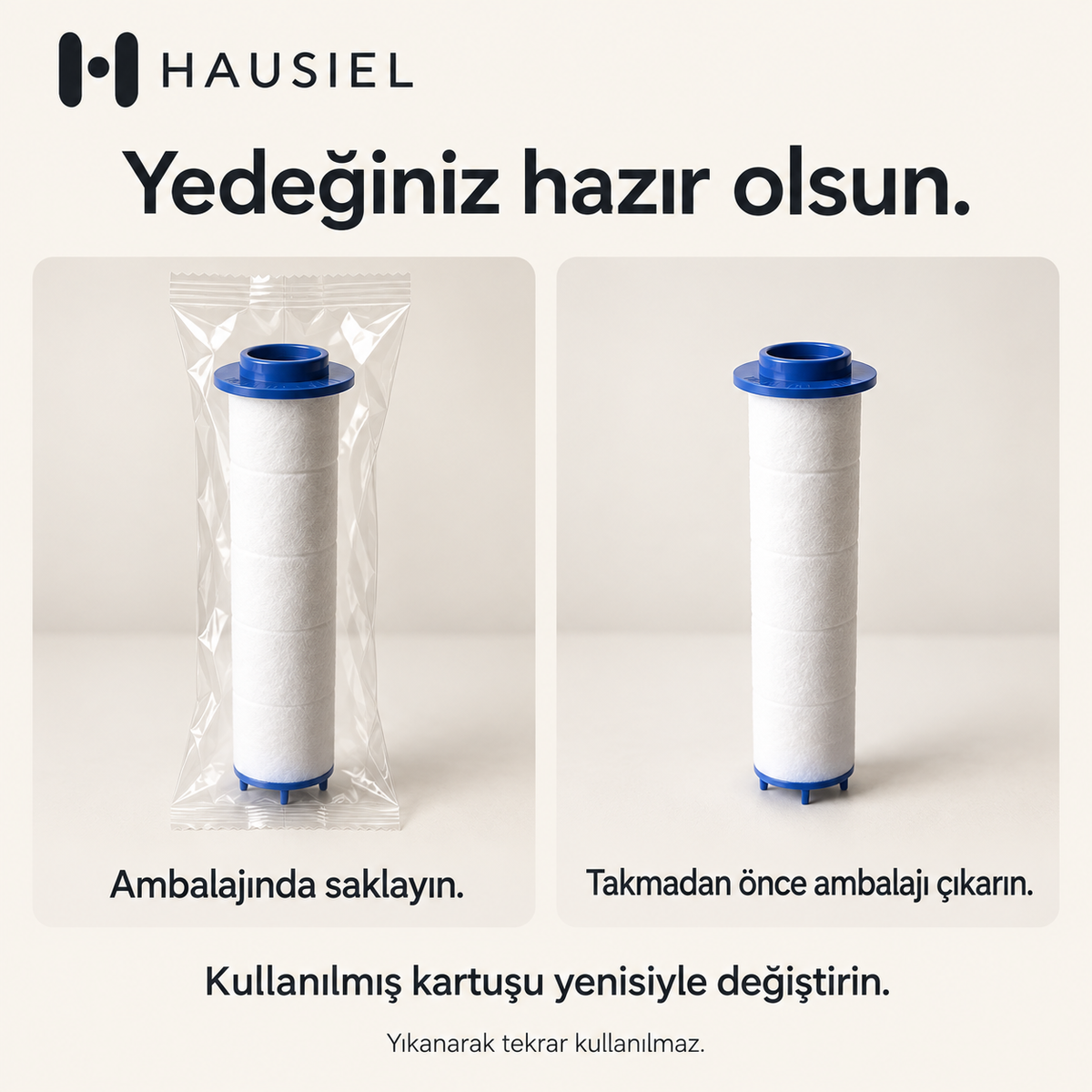 HAUSIEL PP yedek filtre ambalajında saklama ve takmadan önce ambalajı çıkarma