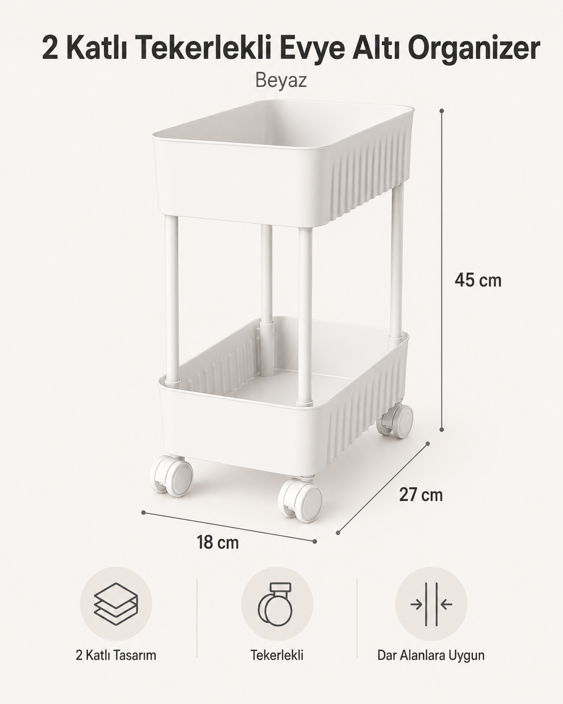 HAUSIEL 2 katlı tekerlekli evye altı organizer beyaz - 45 x 18 x 27 cm ölçü