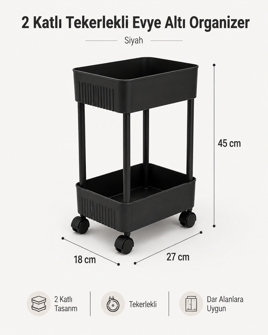 HAUSIEL 2 katlı tekerlekli evye altı organizer siyah - 45 x 18 x 27 cm ölçü