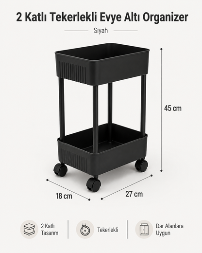 HAUSIEL 2 katlı tekerlekli evye altı organizer siyah - 45 x 18 x 27 cm ölçü