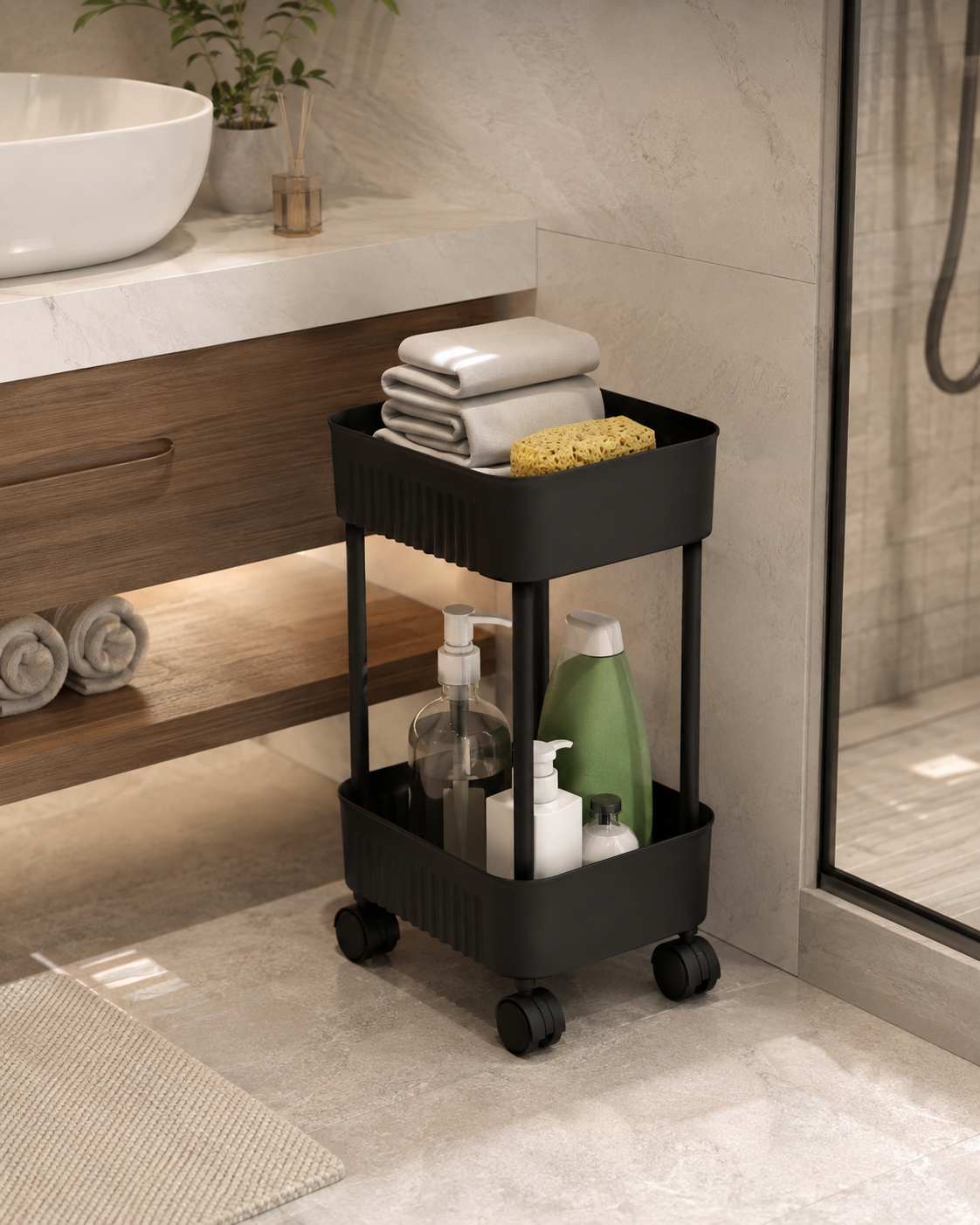 HAUSIEL 2 katlı tekerlekli organizer siyah - banyo kullanım örneği