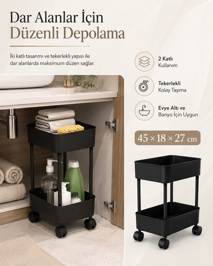 HAUSIEL siyah 2 katlı tekerlekli organizer - dar alanlarda düzenli depolama