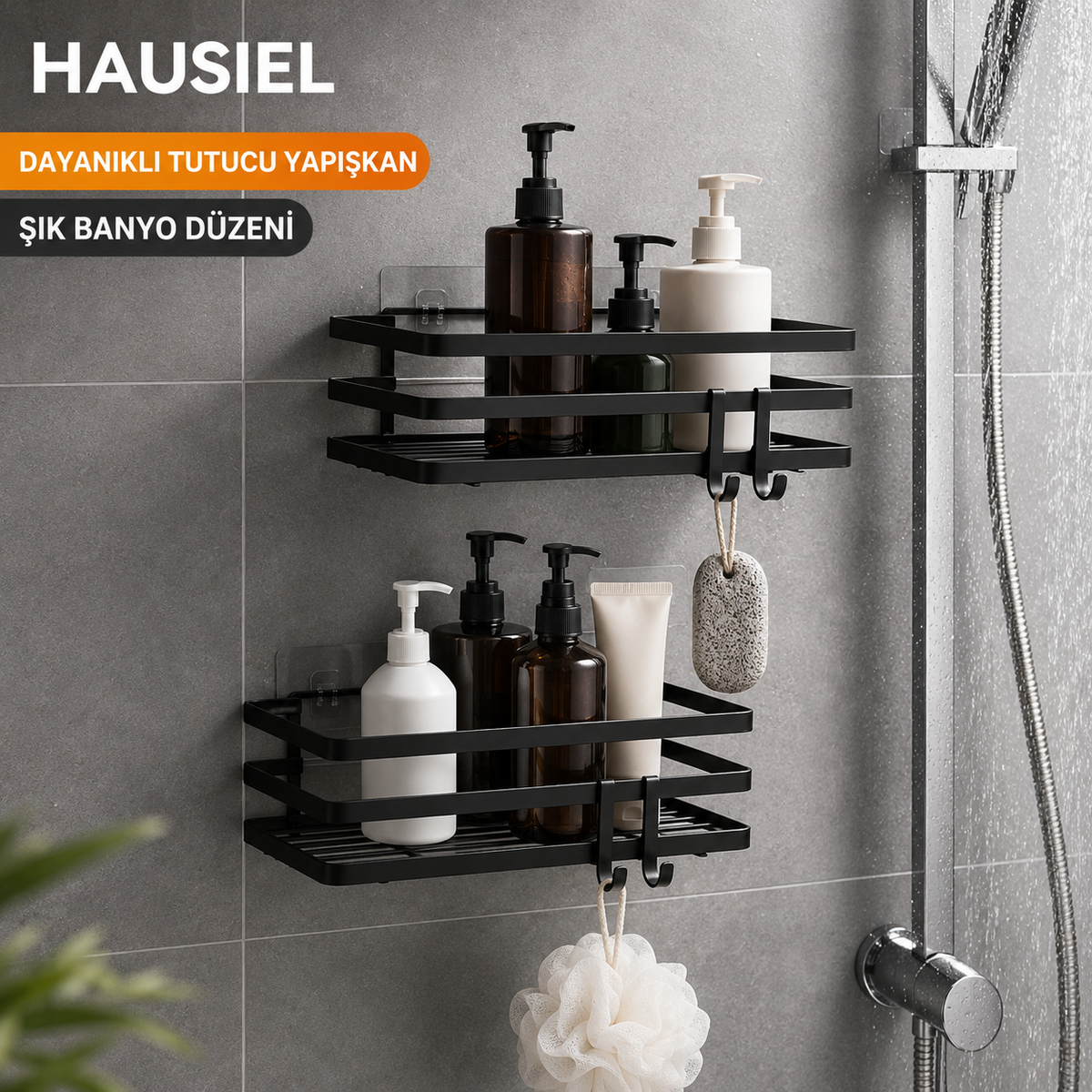 HAUSIEL 2'li mat siyah duş rafı banyoda yapışkanlı kullanım