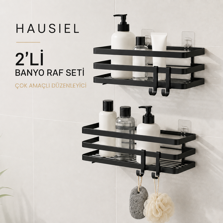 2'li Yapışkanlı Mat Siyah Duş Rafı Organizer Seti