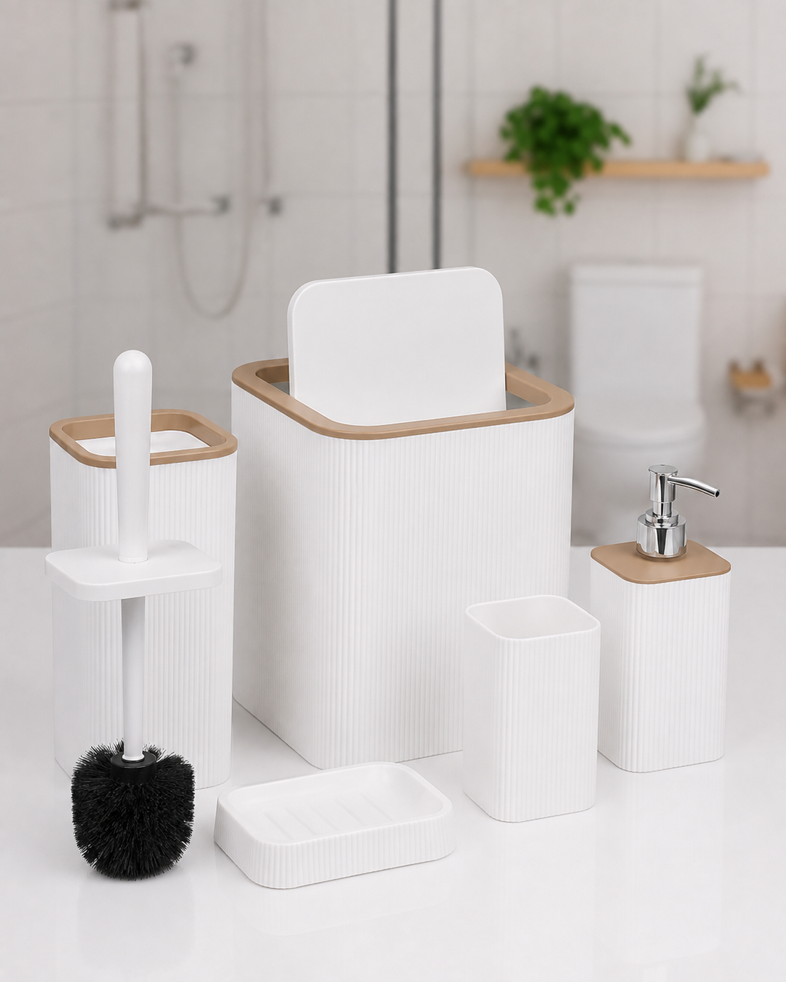 HAUSIEL 5'li kare banyo seti beyaz - kapak ve tuvalet fırçası detay görünümü