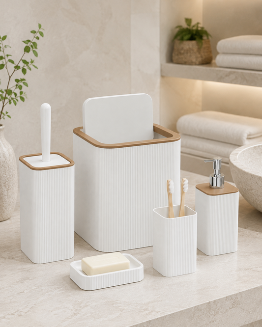 HAUSIEL 5'li kare banyo seti beyaz - açık banyo kullanım görünümü
