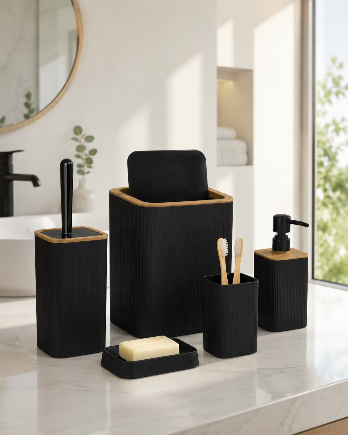 HAUSIEL 5'li kare banyo seti siyah - kapak ve kullanım detay görünümü