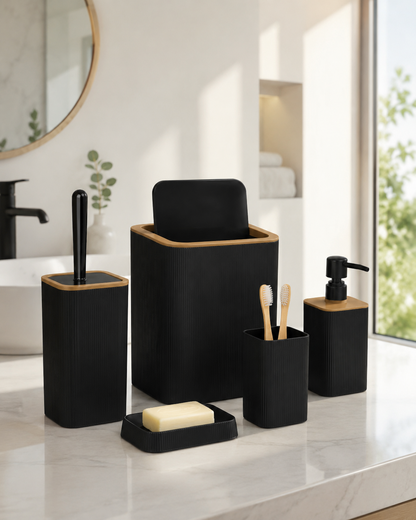 HAUSIEL 5'li kare banyo seti siyah - kapak ve kullanım detay görünümü