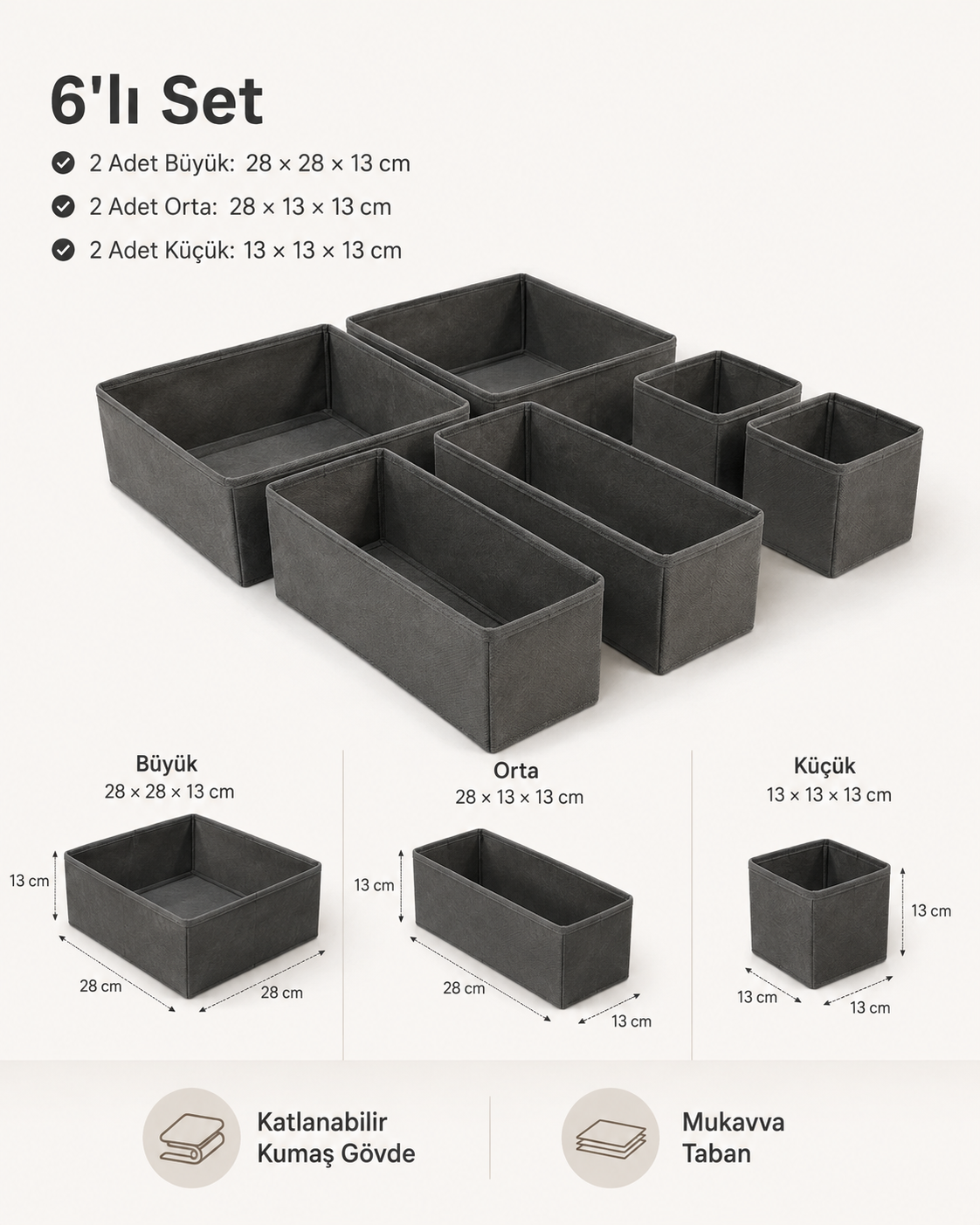 HAUSIEL antrasit 6'lı organizer set ölçüleri ve set içeriği