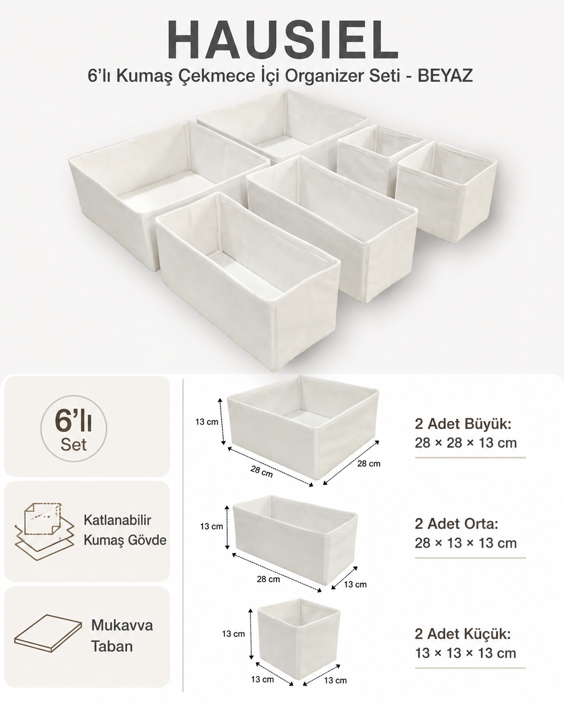HAUSIEL beyaz 6'lı organizer set ölçüleri ve set içeriği