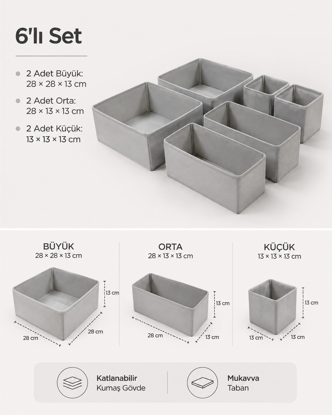 HAUSIEL gri 6'lı organizer set ölçüleri ve set içeriği