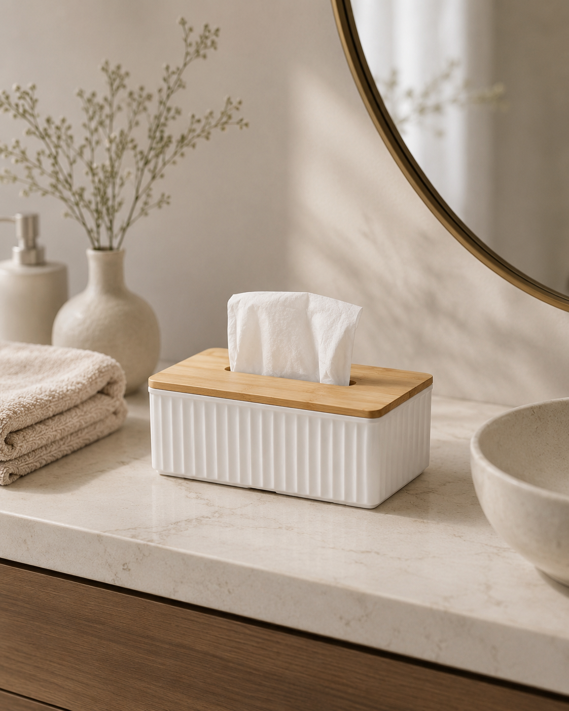 Bambu kapaklı beyaz peçetelik banyo kullanım görseli