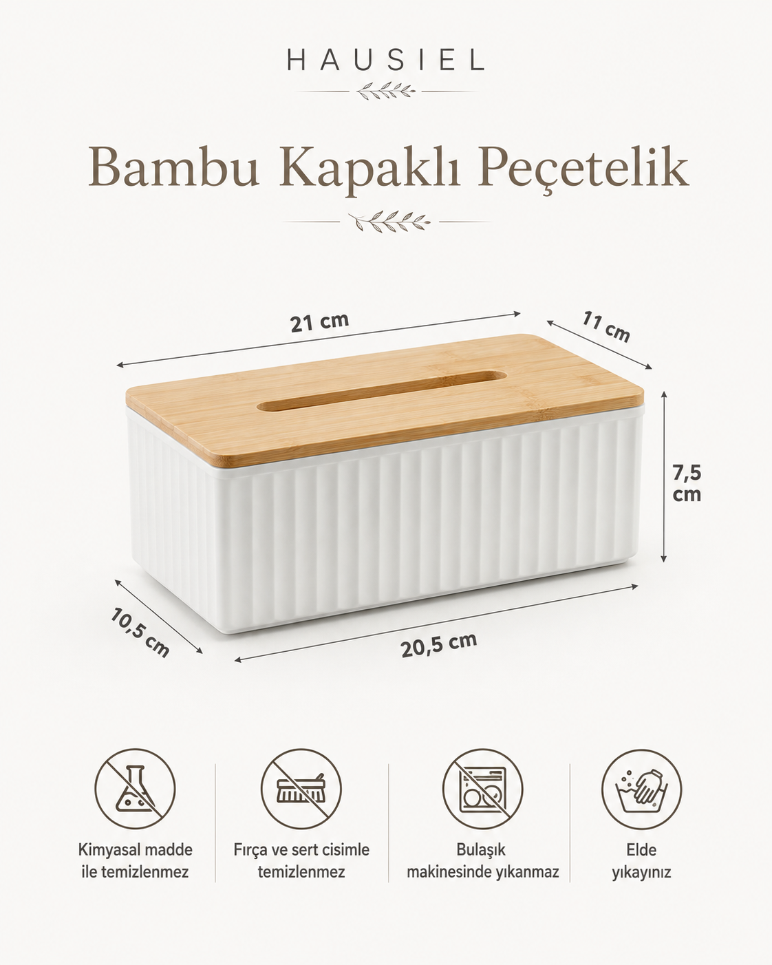Bambu kapaklı peçetelik 21 x 11 cm kapak, 20,5 x 10,5 cm taban ve 7,5 cm yükseklik ölçüleri