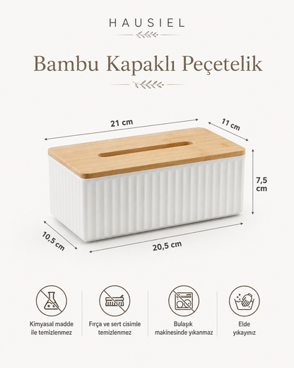 Bambu kapaklı peçetelik 21 x 11 cm kapak, 20,5 x 10,5 cm taban ve 7,5 cm yükseklik ölçüleri