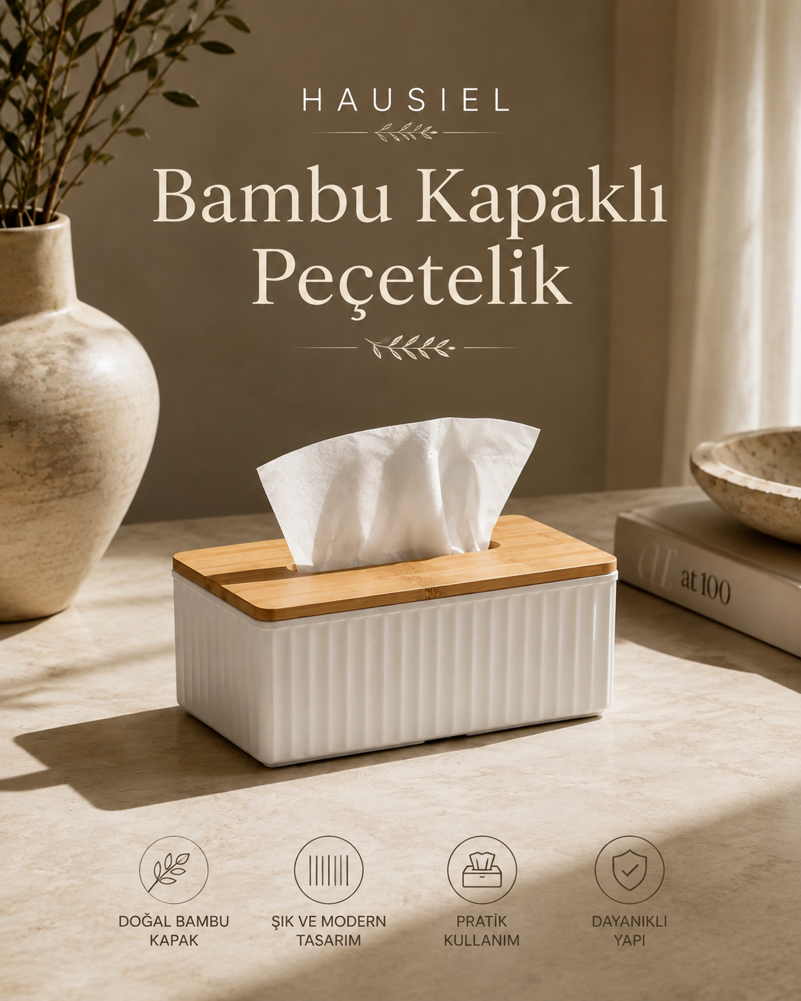 HAUSIEL bambu kapaklı beyaz peçetelik vitrin görseli