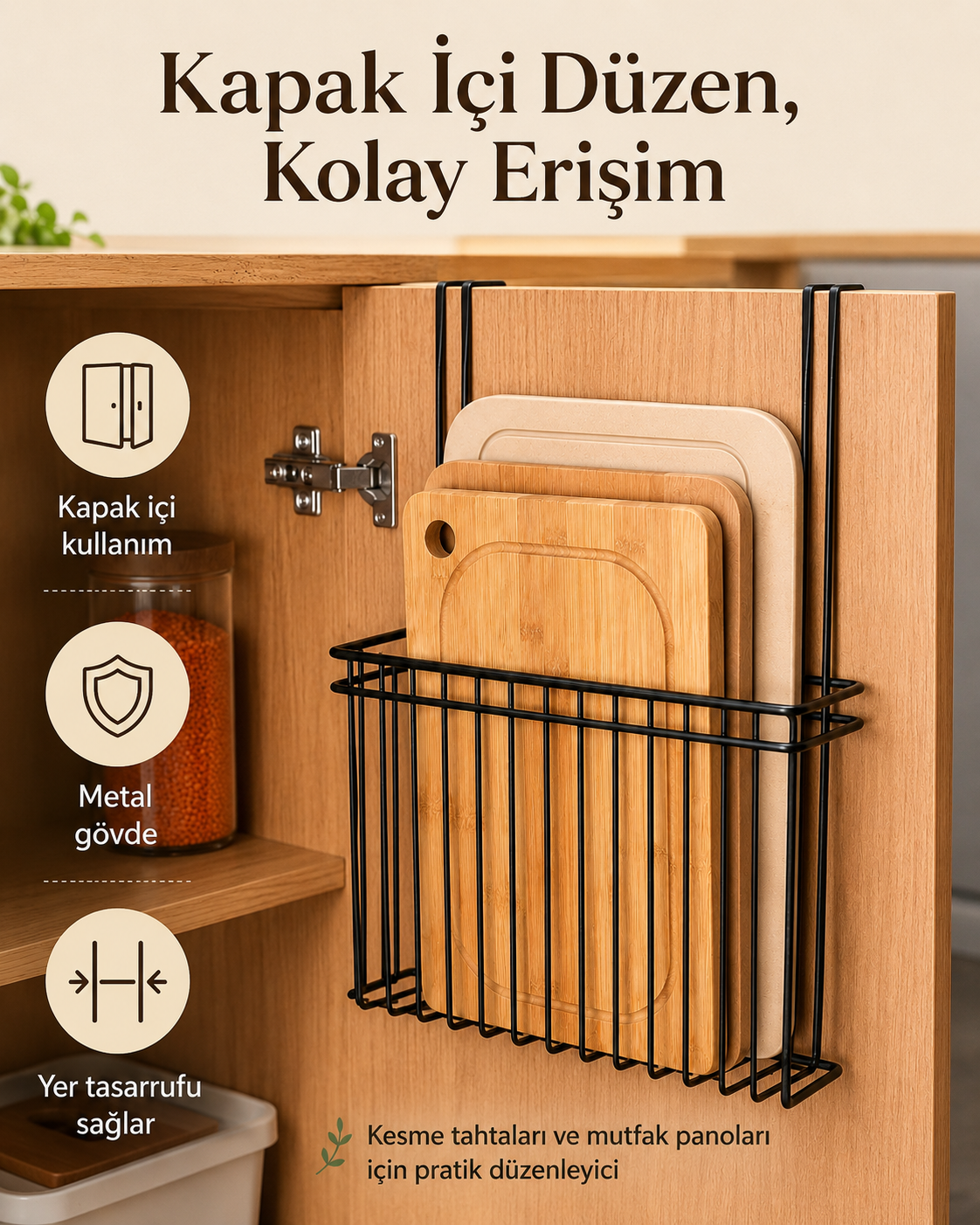Dolap kapağı içi siyah metal kesme tahtası düzenleyici - kapak içi kullanım ve yer tasarrufu