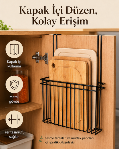 Dolap kapağı içi siyah metal kesme tahtası düzenleyici - kapak içi kullanım ve yer tasarrufu