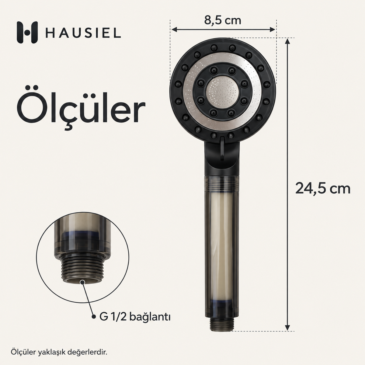 HAUSIEL filtreli duş başlığı ölçüleri ve G 1/2 bağlantı