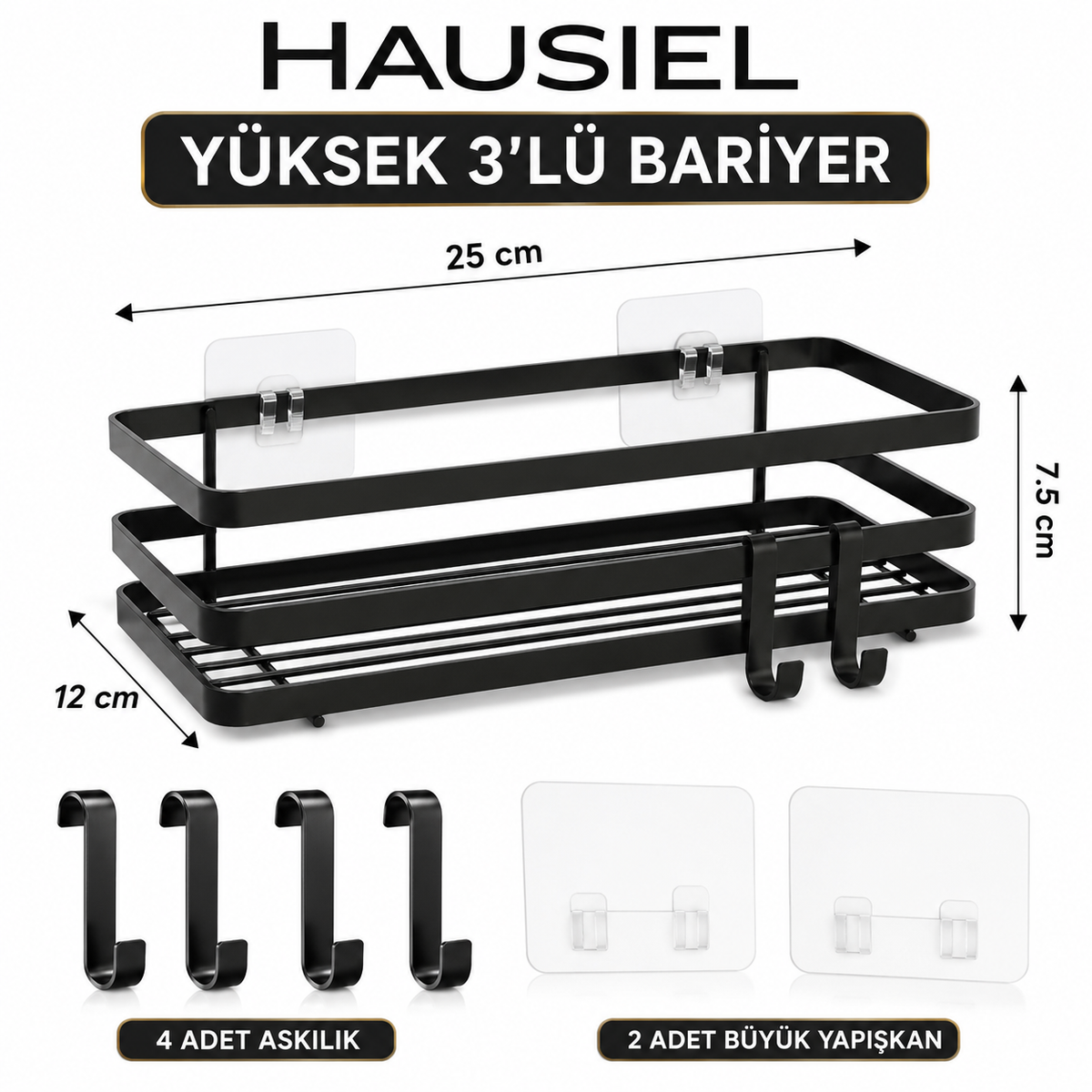 HAUSIEL duş rafı 25 x 12 x 7,5 cm ölçü, 4 askı ve 2 yapışkan