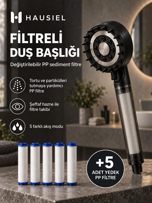 HAUSIEL filtreli duş başlığı, değiştirilebilir PP sediment filtre ve 5 adet yedek PP filtre