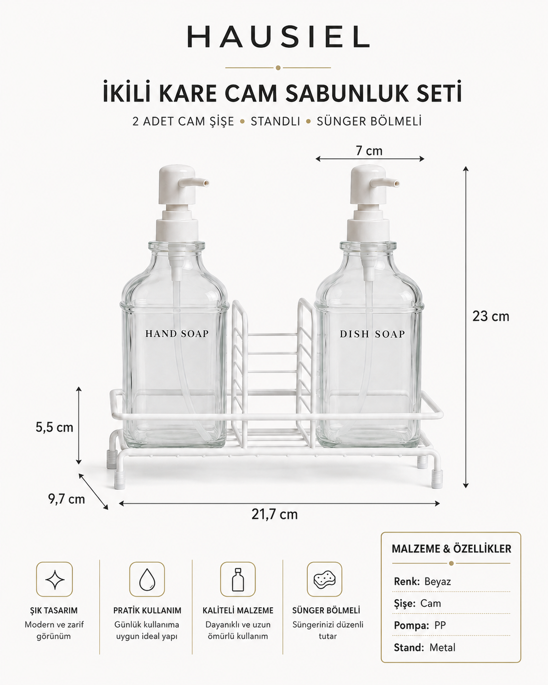 HAUSIEL ikili kare cam sabunluk seti ölçüleri - 21,7 x 9,7 x 23 cm