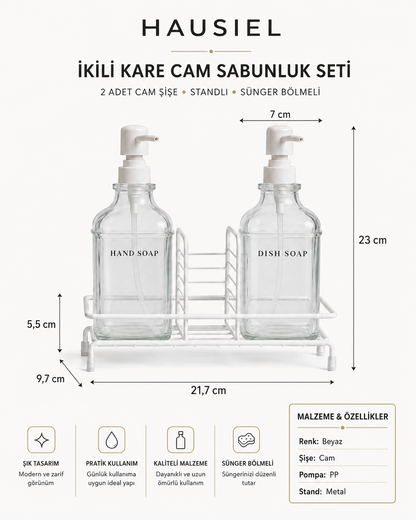 HAUSIEL ikili kare cam sabunluk seti ölçüleri - 21,7 x 9,7 x 23 cm