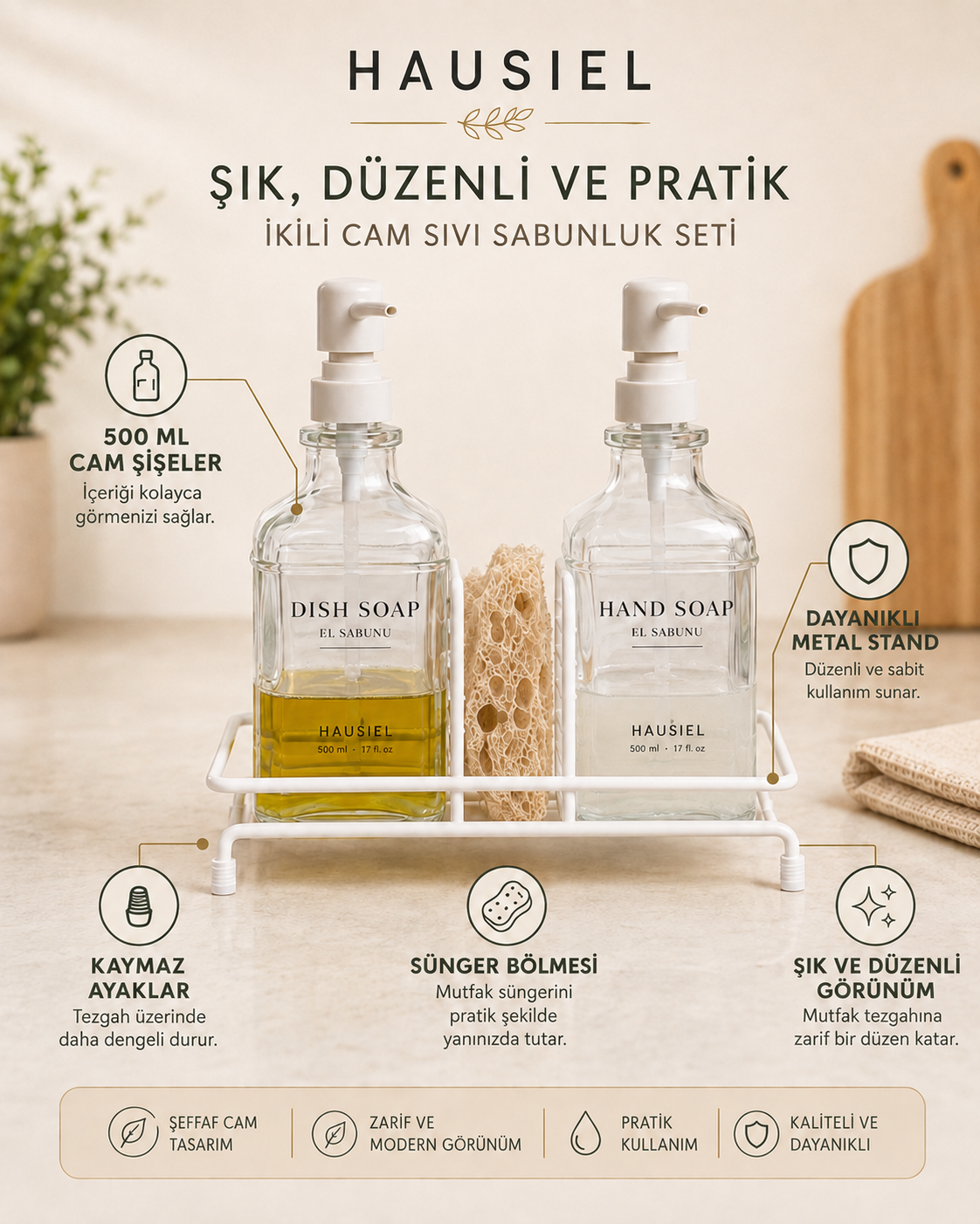 HAUSIEL ikili cam sıvı sabunluk seti - 500 ml şişeler, metal stand ve sünger bölmesi