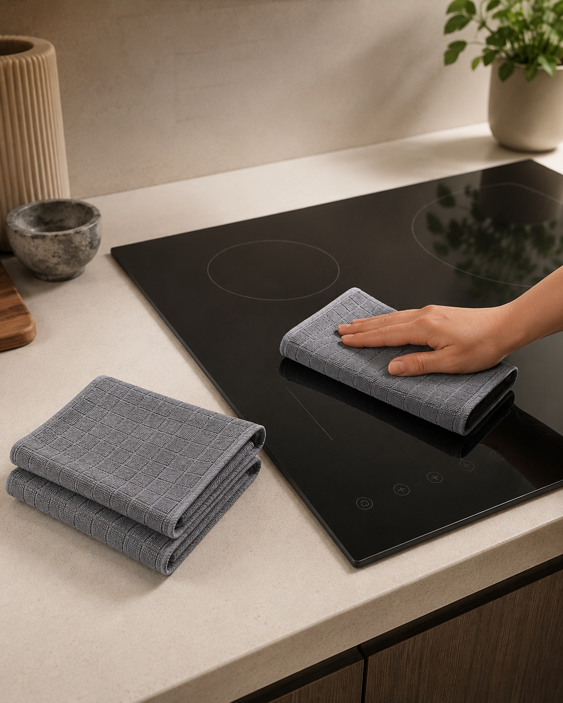 HAUSIEL gri mikrofiber bez ile cam ocak yüzeyi temizliği
