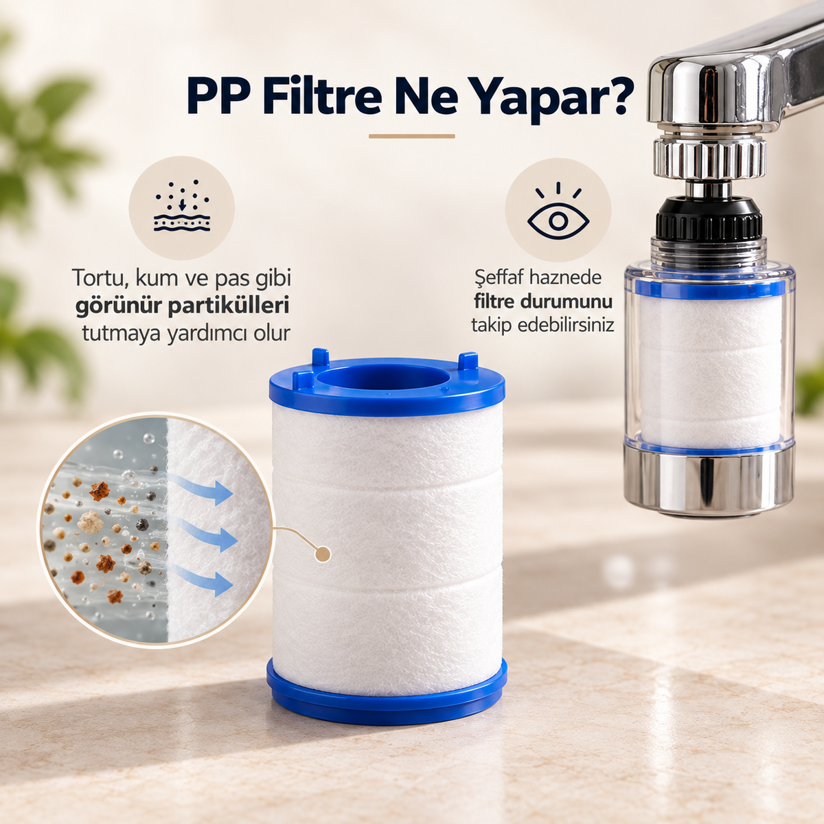 PP musluk filtresinin görünür partikülleri tutmaya yardımcı olması
