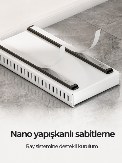 Raylı tabaklık organizer nano yapışkanlı sabitleme detayı