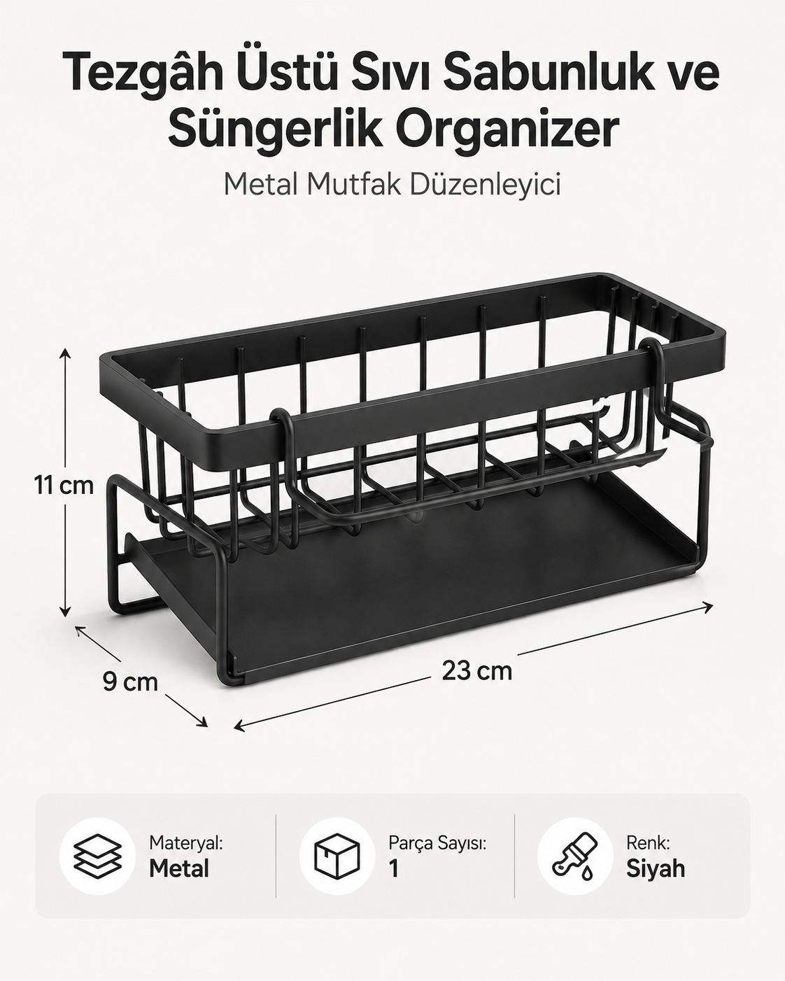 Tezgâh üstü sıvı sabunluk ve süngerlik organizer 23 x 9 x 11 cm ölçü görseli